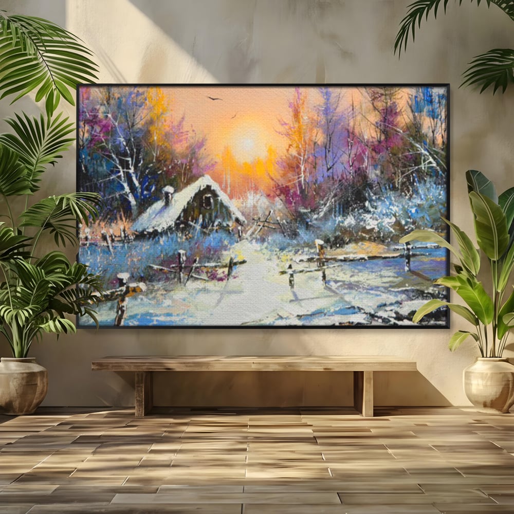 Tablou canvas cu tablou canvas cu peisaj de iarna, in rama de aluminiu negru